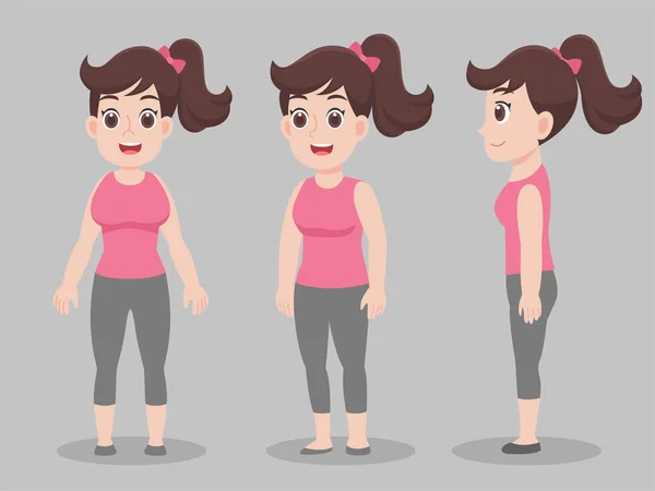 Conjunto Personaje Mujer Dibujos Animados Concepto Carácter Pose Lado Frontal — Archivo Imágenes Vectoriales