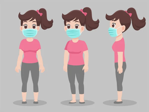 Set Wanita Lucu Mengenakan Pelindung Topeng Medis Untuk Mencegah Virus - Stok Vektor