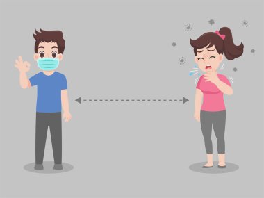 Sosyal Mesafe, enfeksiyon riski ve hastalık için mesafeyi koruyan insanlar, Covid-19.Corona virüsünü önlemek için cerrahi koruyucu tıbbi maske takıyorlar. Sağlık hizmeti kavramı.