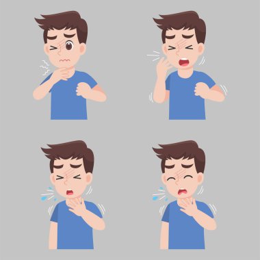 Farklı hastalıklara sahip bir adam. Ateş, öksürük, sümük. Çocuk hastalığı belirtileriyle ilgili bir takım ikonlar. Sağlık hizmeti kavramı.