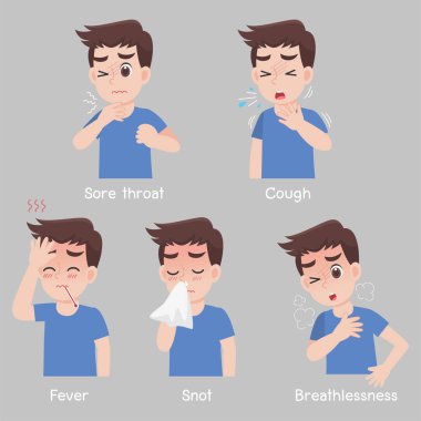 Farklı hastalıklara sahip bir grup adam boğaz ağrısı, öksürük, ateş, sümük, nefes darlığı..