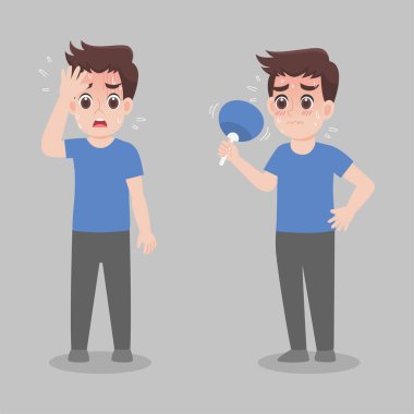 İnsanda yaz konsepti, hastalık, ateş, sıcak hava, çizgi film karakteri vektörü düz tasarım sağlık hizmetleri konsepti var..