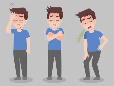 Farklı hastalıklara sahip bir grup adam. Ateş, hastalık, hastalık, kusmuk. Çizgi film karakteri tasarımı. Sağlık hizmeti kavramı.