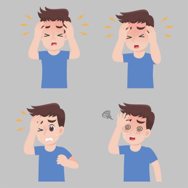 Farklı hastalıklara sahip bir grup erkek - baş ağrısı, ateş, baş dönmesi, sağlık hizmetleri konsepti.