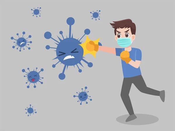 Homme Lutte Contre Virus Punch Portant Masque Médical Protection Chirurgicale — Image vectorielle
