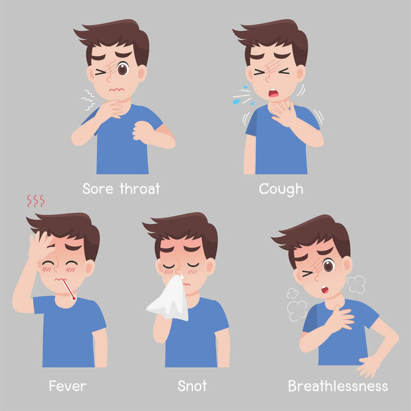 Set of Man with different diseases symptoms - Sore throat, cough, fever, snot, breathlessness.Health care concept.