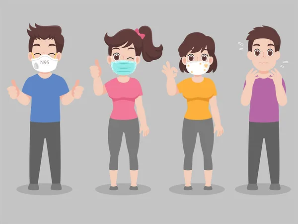 ウイルスを防ぐために顔マスクの異なるタイプの顔マスクを身に着けている人々のセット武漢Covid コロナウイルス ヘルスケアの概念 — ストックベクタ