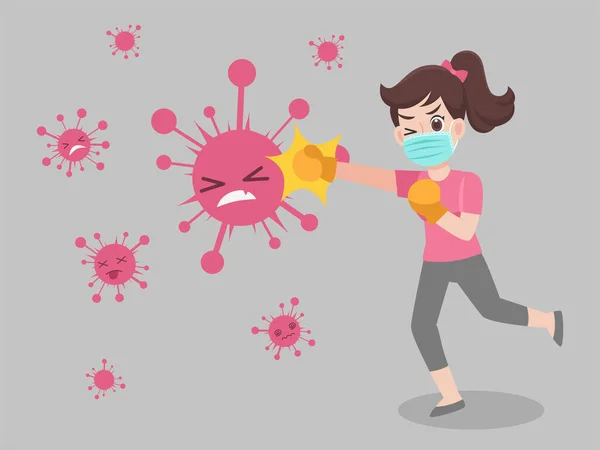 Woman Fight Punch Virus Met Een Chirurgisch Beschermend Medisch Masker — Stockvector