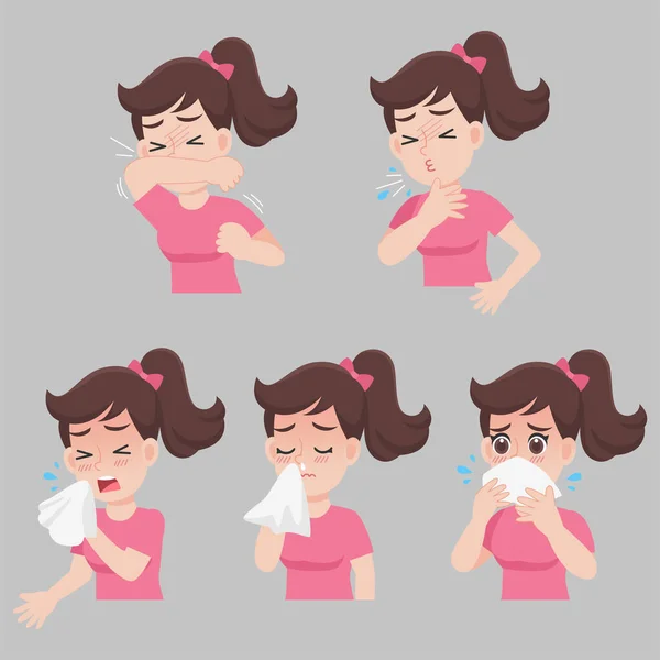 Set Woman Different Diseases Symptoms Sneeze Snot Cough Fever Sick — Stock Vector