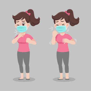 Farklı hastalıklara sahip bir kadın. Ateş, öksürük, sümük. Wuhan Covid-19.Corona virüsünü önlemek için cerrahi koruyucu bir maske takıyor. Sağlık hizmeti kavramı.