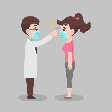 Kadın kendini kontrol etmek için doktora gider, kadın sıcaklığını korona virüsü taraması için tarar, virüsü önlemek için yüz maskesi takar. Sağlık hizmeti kavramı.