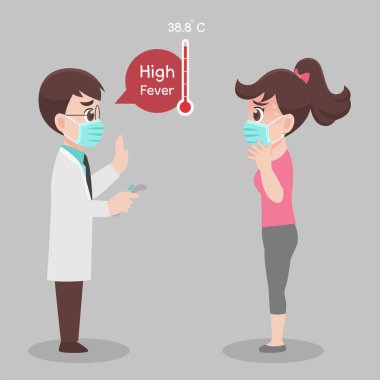 Kadın kendini kontrol etmek için doktora gidiyor, Corona virüsü taraması için ateşi var, enfeksiyon kapmış, yüksek ateşi var, virüsü önlemek için yüz maskesi takıyorlar. Sağlık hizmetleri