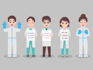 Kişisel koruyucu giysili bir doktor seti, virüsün sizin için çalışmamızı engellemesi için cerrahi koruyucu bir maske takıyor. Bizim için evde kal. Sosyal mesafe. Kendini koru..