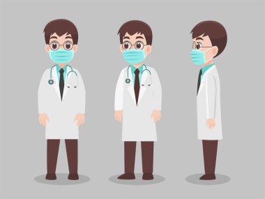 Wuhan Covid-19.Corona virüsünü önlemek için koruyucu tıbbi maske takan bir grup doktor. Cerrahi maske takan insanlar. Sağlık hizmeti konsepti. karakter öne doğru poz verir..