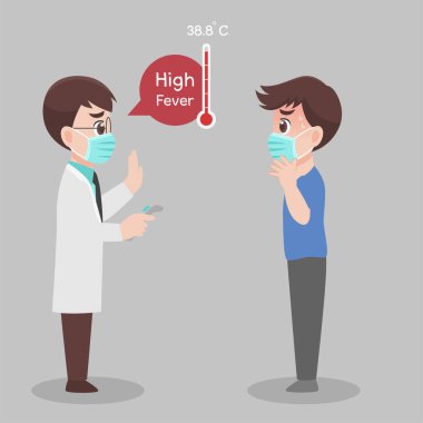 Adam kendini kontrol etmek için doktora gidiyor, Corona virüsü taraması için ateşi var, enfeksiyon kapmış, yüksek ateşi var, virüsü önlemek için yüz maskesi takıyorlar. Sağlık hizmetleri