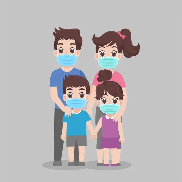 Family Wearing Protective Medical Mask Prevent Virus Wuhan Covid Corona — Stock Vector