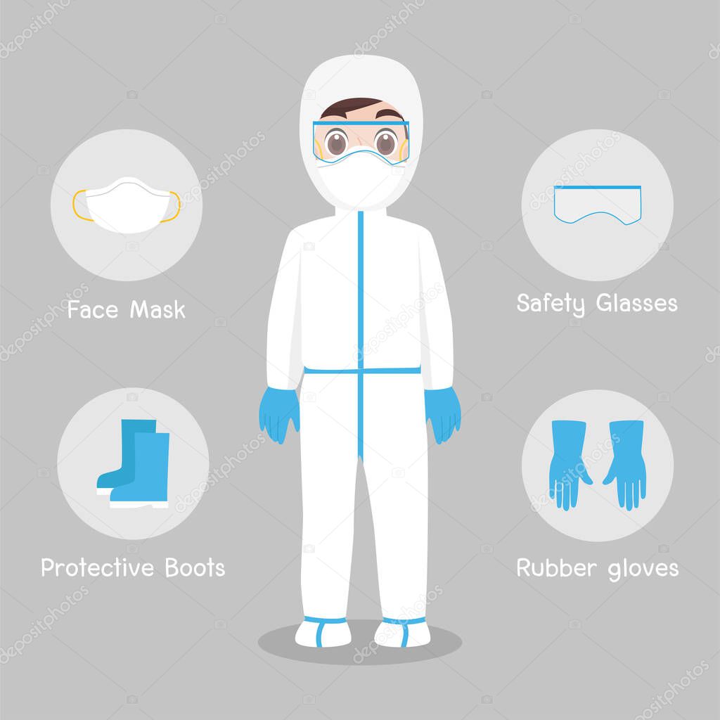Doctors Character wearing in full protective suit Clothing isolated and Safety Equipment for prevent virus Wuhan Covid-19.Corona virus, people wearing Personal Protective Equipment.Work safety