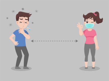 Sosyal Mesafe, enfeksiyon riski ve hastalık için mesafeyi koruyan insanlar, Covid-19.Corona virüsünü önlemek için cerrahi koruyucu tıbbi maske takıyorlar. Sağlık hizmeti kavramı.