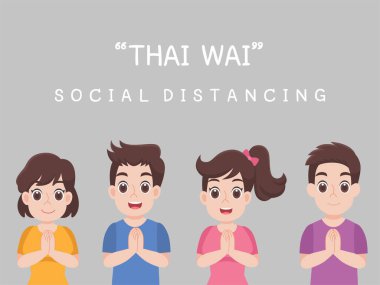 Thai Wai, Sosyal Mesafe, Enfeksiyon riski ve hastalık için mesafeyi koruyan insanlar. Sağlık hizmeti kavramı.