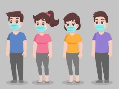 Wuhan Covid-19.Corona virüsünü önlemek için koruyucu tıbbi maske takan bir grup insan. Karakter, çizgi filmin ön yüzünde poz veriyor. Sağlık hizmetleri kavramı.