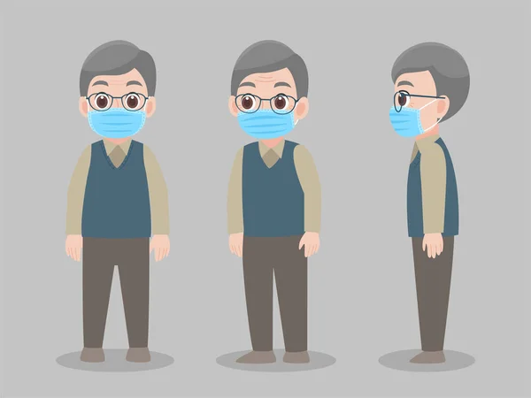 Set Carattere Nonno Indossa Maschera Medica Protettiva Prevenire Virus Wuhan — Vettoriale Stock
