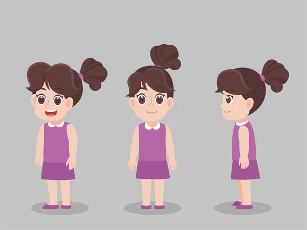 Set Character Children Girl Kartun Konsep Karakter Pose Sisi Depan - Stok Vektor