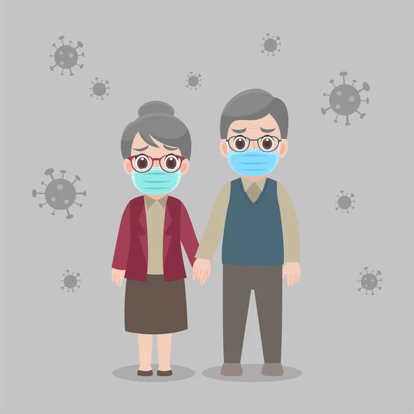 保護マスクを着用した祖父母は ウイルスを防ぐため武漢Covid 19コロナウイルス 高齢者は外科用マスクを着用しています ヘルスケアの概念 — ストックベクタ