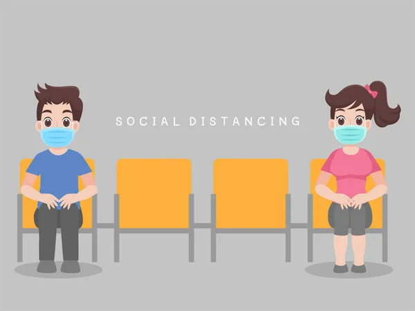 Soziale Distanz Die Menschen Sitzen Auf Einem Stuhl Und Halten — Stockvektor