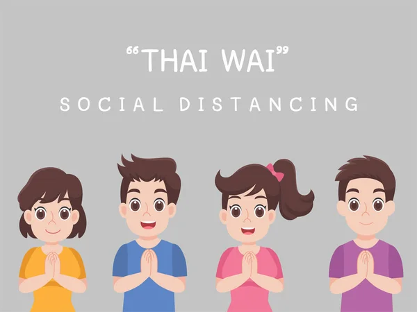 タイのワイ 社会的距離 人々は感染症や病気のための距離を保つ ヘルスケアの概念 — ストックベクタ