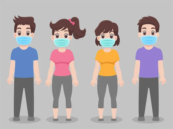 Set Orang Mengenakan Pelindung Topeng Medis Untuk Mencegah Virus Wuhan - Stok Vektor