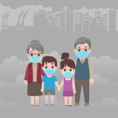 Wuhan Covid-19.Corona virüsünü önlemek için koruyucu bir maske takan aile. Corona virüsü, toz, Başbakan 2.5, hava kirliliği, sağlık konsepti