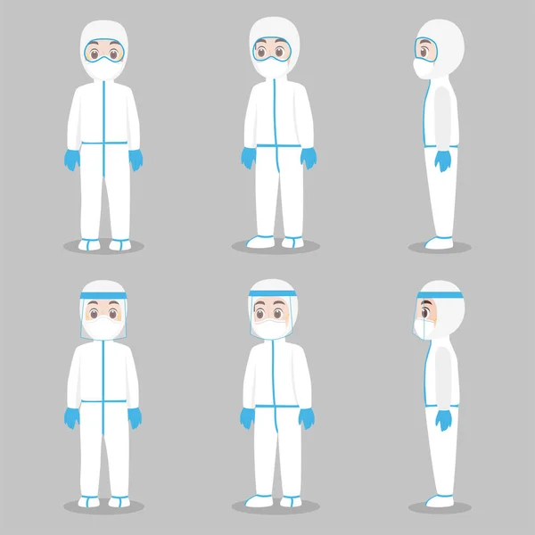 Set Doctors Character Wearing Full Protective Suit Clothing Isolated Safety — Stock Vector