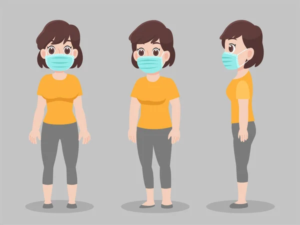 Set Wanita Lucu Mengenakan Pelindung Topeng Medis Untuk Mencegah Virus - Stok Vektor