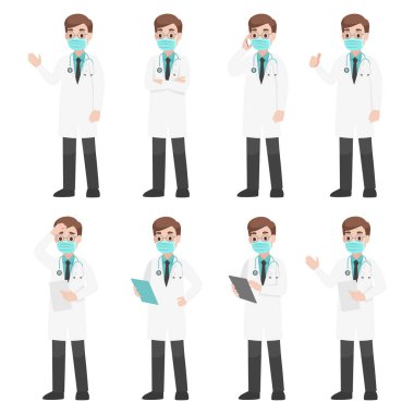 Corona Virüsü 'nü önlemek için koruyucu tıbbi maske takan bir grup doktor. Cerrahi maske takan insanlar. Sağlık hizmeti konsepti. karakter öne doğru poz verir..