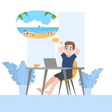 Evdeki sıkılmış genç adam seyahat etmek istiyor. Evde çalış, evde kal, güvende ol. Sosyal Mesafe, Enfeksiyon riskini azaltmak için mesafeyi koruyan insanlar ve Corona virüsünü önlemek için hastalıklar.