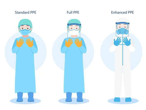 Ppe 캐릭터 코로나 바이러스를 예방하기 격리되고 장비를 사람들 — 스톡 벡터