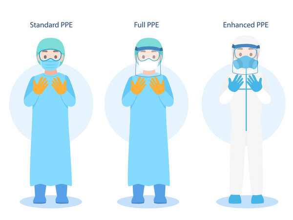 Set of Doctors Character wearing in PPE personal protective suit Clothing isolated and Safety Equipment for prevent Corona virus, people wearing Personal Protective Equipment.Work safety