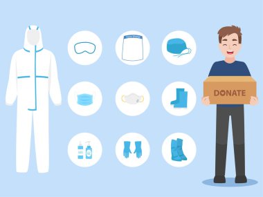 İnsanlar kişisel PPE koruyucu giysi bağışlıyor. Corona virüsünü önlemek için tecrit edilmiş giysiler ve güvenlik ekipmanları. Bir erkek, doktorların iş güvenliğini sağlamak için bağış kutusunu tutuyor.