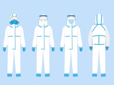PPE kişisel koruyucu giysi giyen bir grup insan Corona virüsünü önlemek için izole edilmiş ve güvenlik ekipmanı, kişisel koruyucu ekipman giyen bir doktor.