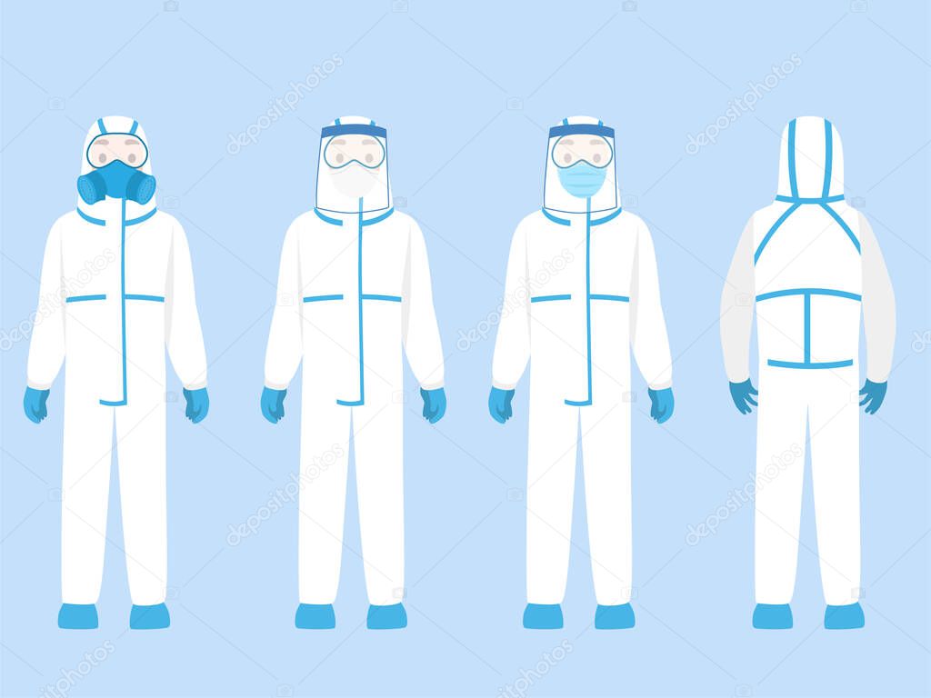 Set of people Character wearing in PPE personal protective suit Clothing isolated and Safety Equipment for prevent Corona virus, doctor wearing Personal Protective Equipment.Work safety