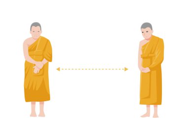 Sosyal Mesafe, Monk enfeksiyon riski ve hastalık için mesafeyi koruyor, Covid-19.Corona virüsünü önlemek için. Sağlık hizmeti kavramı.