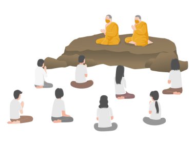 Vaaz, Dharma 'yı dinleyen insanlar, keşişler öğretiyor ve konuşuyor, sosyal uzaklık, enfeksiyon riski ve hastalıklar için mesafeyi koruyorlar, virüs Covid-19.Corona virüsünü önlemek için. Sağlık hizmeti kavramı.