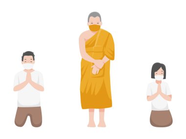 Sosyal Mesafe, Monk ve İnsanlar enfeksiyon riski ve hastalık için mesafelerini koruyorlar, Covid-19.Corona virüsünü önlemek için cerrahi koruyucu tıbbi maske takıyorlar. Sağlık hizmeti kavramı.