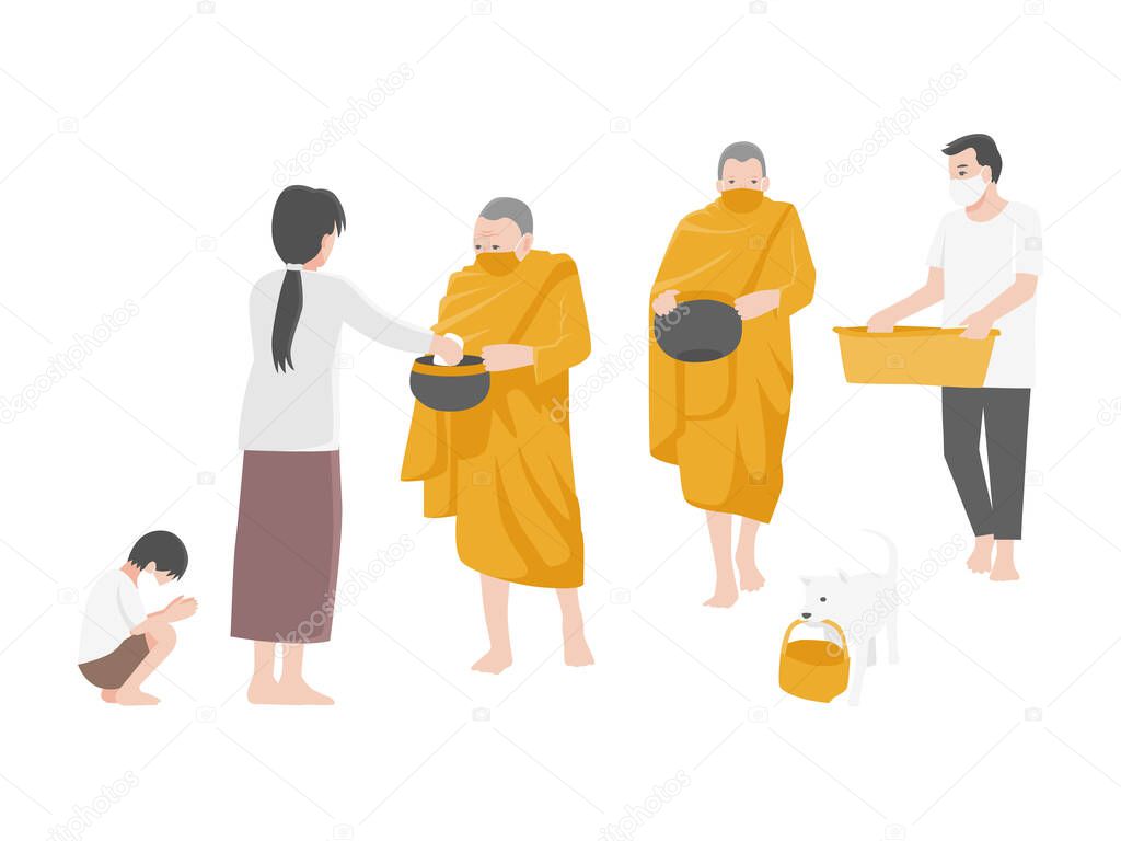 Give alms, People Make merit by offering food to monks and wearing a surgical protective Medical mask for prevent Corona virus. Health care concept.