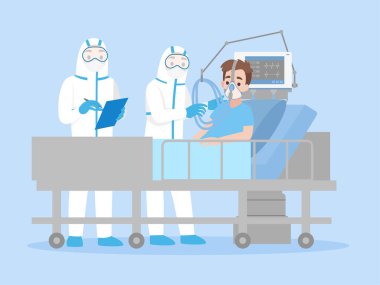 Kişisel koruyucu elbiseli doktor PPE Giyim, hastane odasında yatakta yatan bir adamı tedavi ediyor, hasta solunum cihazına bağlı, sağlık sigortası konseptine bağlı..