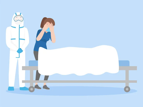 女人在被白布覆盖在轮床上的尸体上哭泣 医疗保健的概念 — 图库矢量图片