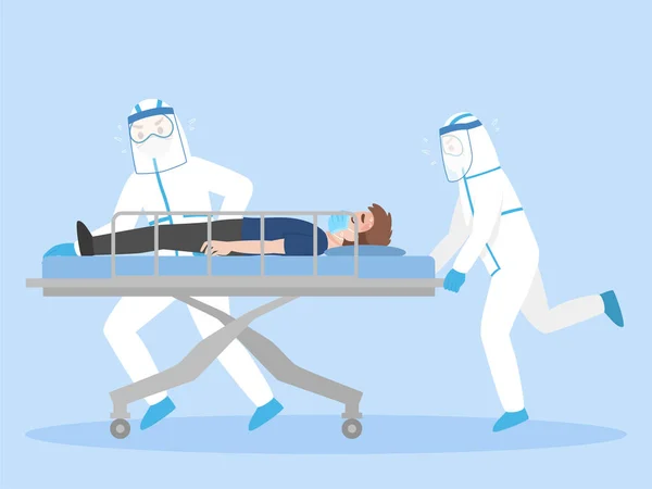 穿着个人防护服的医生们把躺在担架上躺在医院走廊上的严重病人挪走 医护人员在急转病人求医 医护概念 — 图库矢量图片