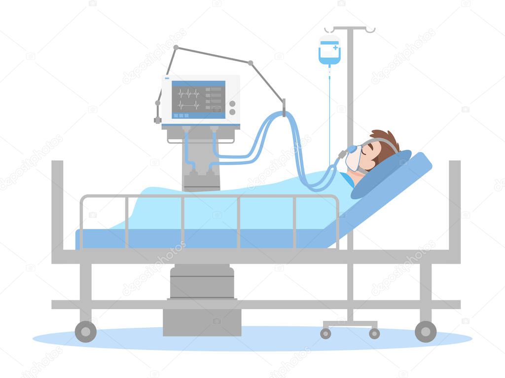 A Man is lying on a bed in a hospital room, The patient connected to a ventilator In a flat cartoon style, Healthcare concept.