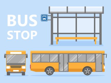 Ön ve yan manzaralı sarı şehir otobüsü seti ve otobüs durağı izole vektör illüstrasyonlu. Düz stil toplu taşıma kavramı.