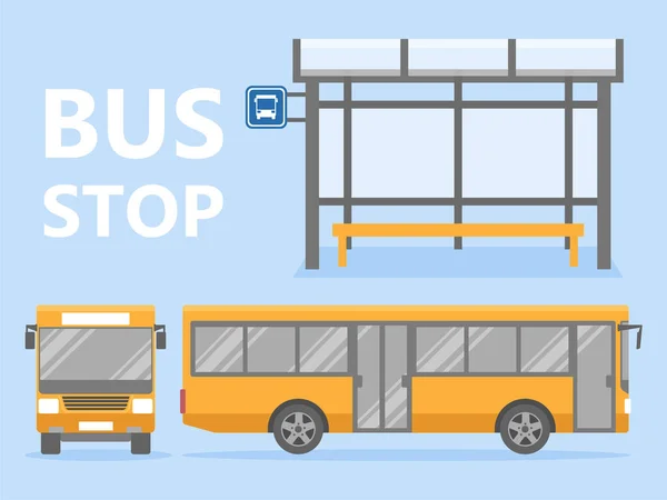 Set Van Gele Stadsbus Met Voor Zijaanzicht Bushalte Geïsoleerde Vectorafbeelding — Stockvector